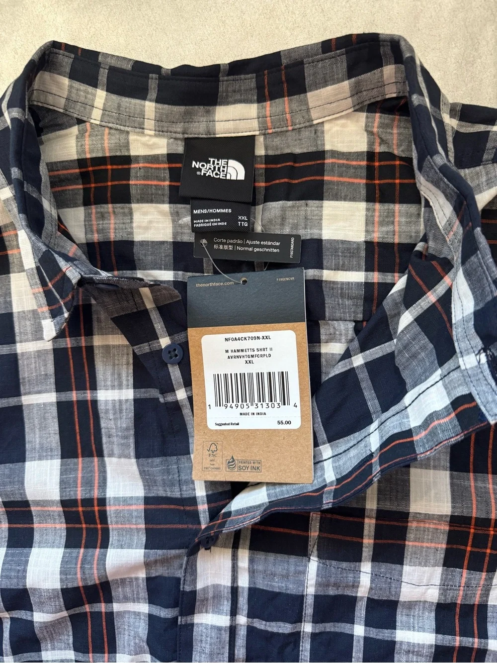 NWT The North Face Men’s Navy & White Plaid Short-Sleeve Shirt XXL